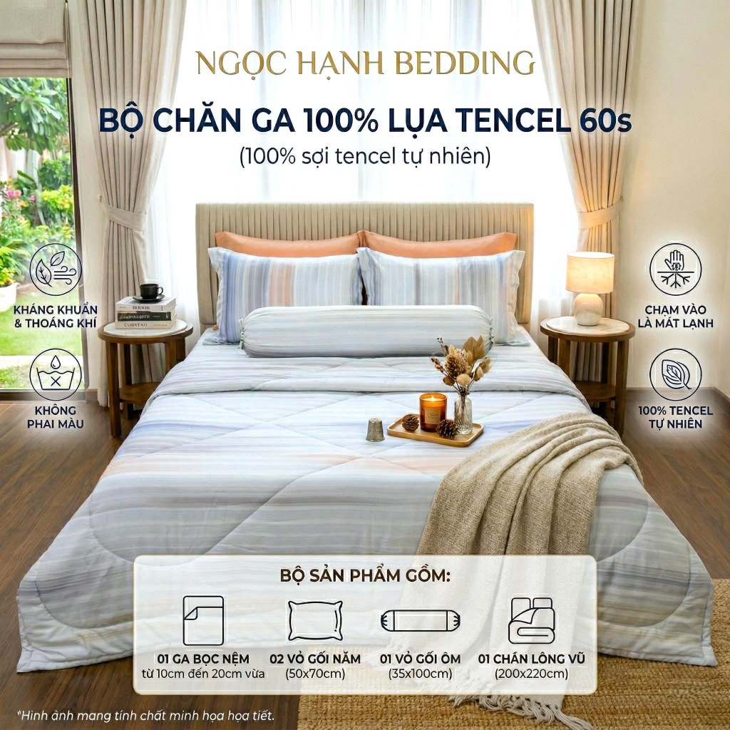 BST1 - BỘ GA LỤA TENCEL 60s MÁT LẠNH, MỀM MỊN, THOÁNG KHÍ nệm 10cm đến 20cm - Ngọc Hạnh Bedding