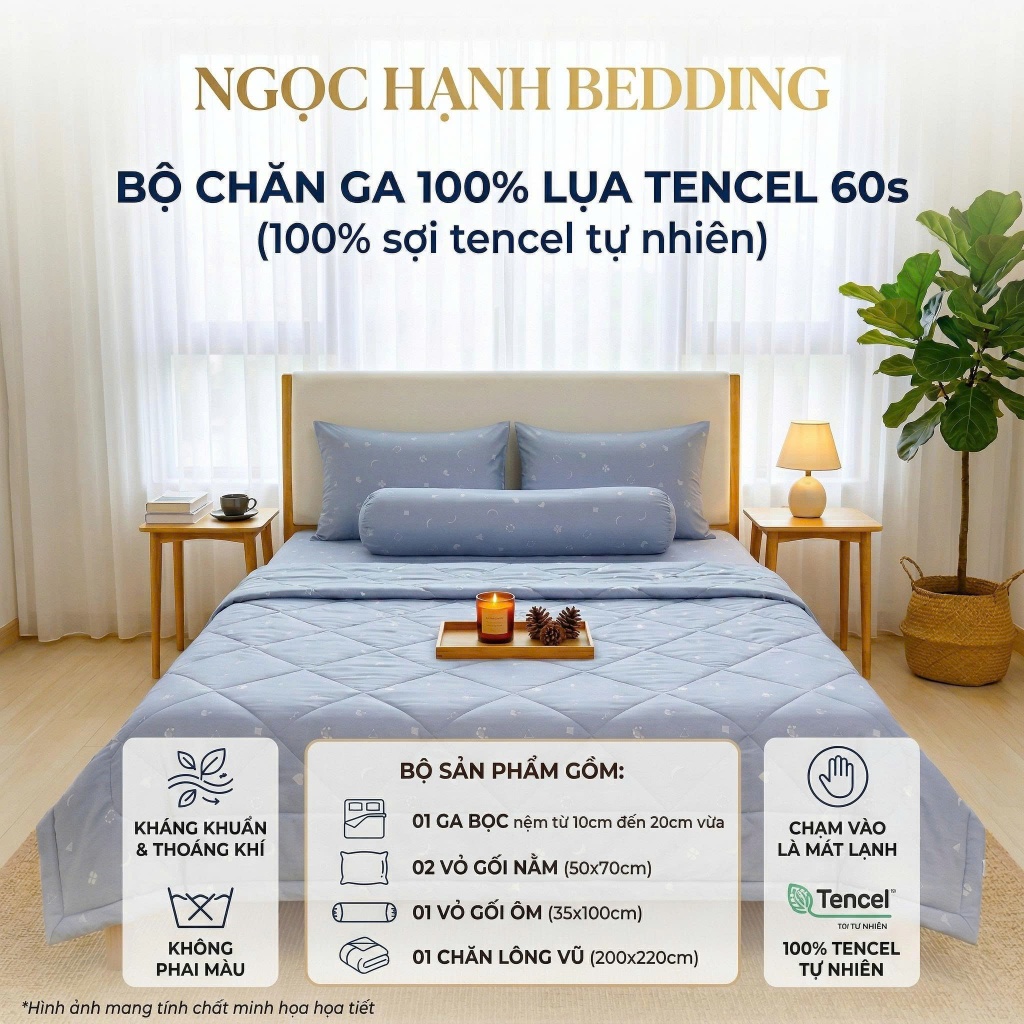 BST1 - BỘ GA LỤA TENCEL 60s MÁT LẠNH, MỀM MỊN, THOÁNG KHÍ nệm 10cm đến 20cm - Ngọc Hạnh Bedding