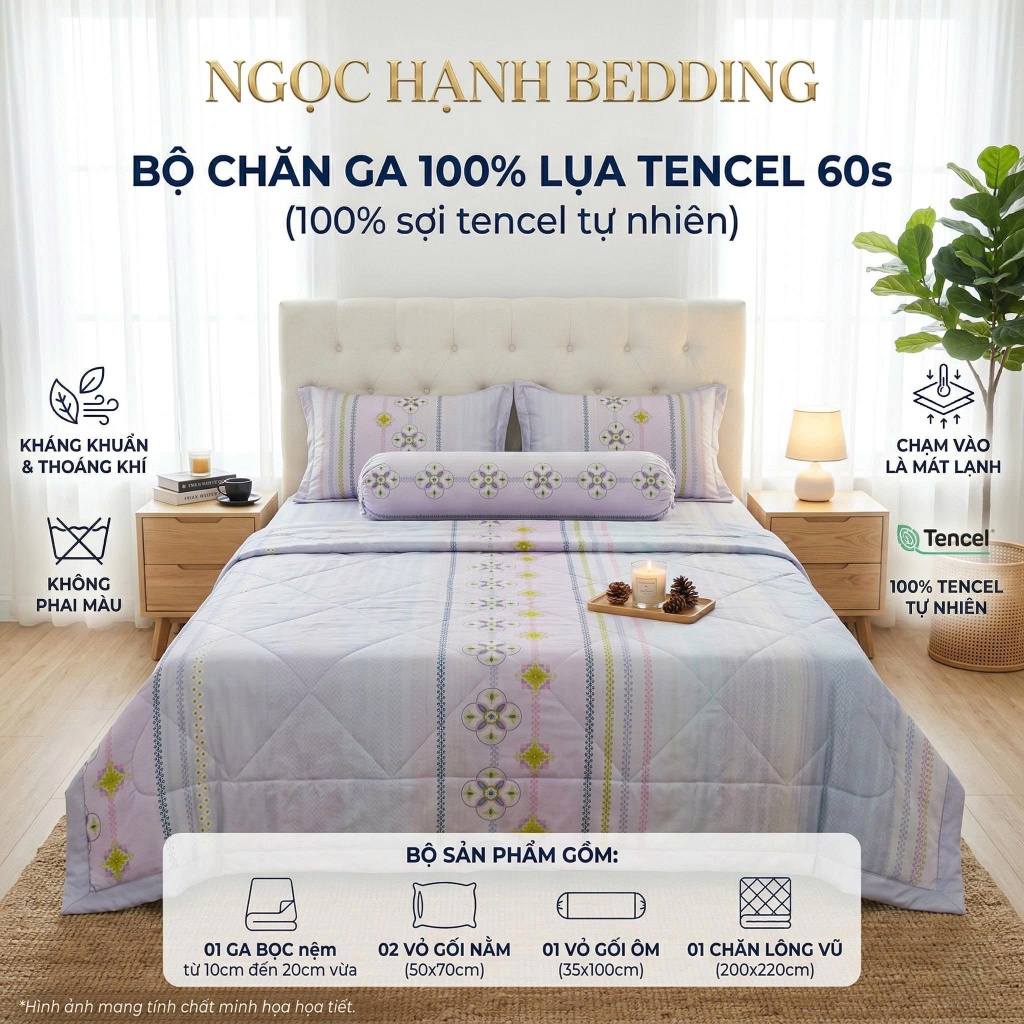 BST1 - BỘ GA LỤA TENCEL 60s MÁT LẠNH, MỀM MỊN, THOÁNG KHÍ nệm 10cm đến 20cm - Ngọc Hạnh Bedding