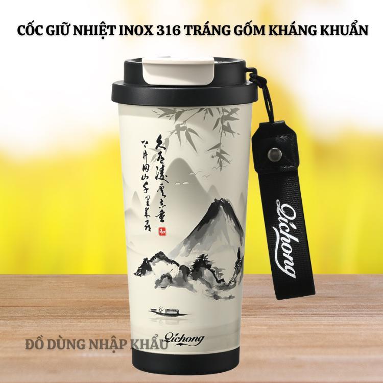 Ly nước siêu giữ nhiệt inox 316 tráng gốm kháng khuẩn dung tích 520m kèm lọc trà và ống hút