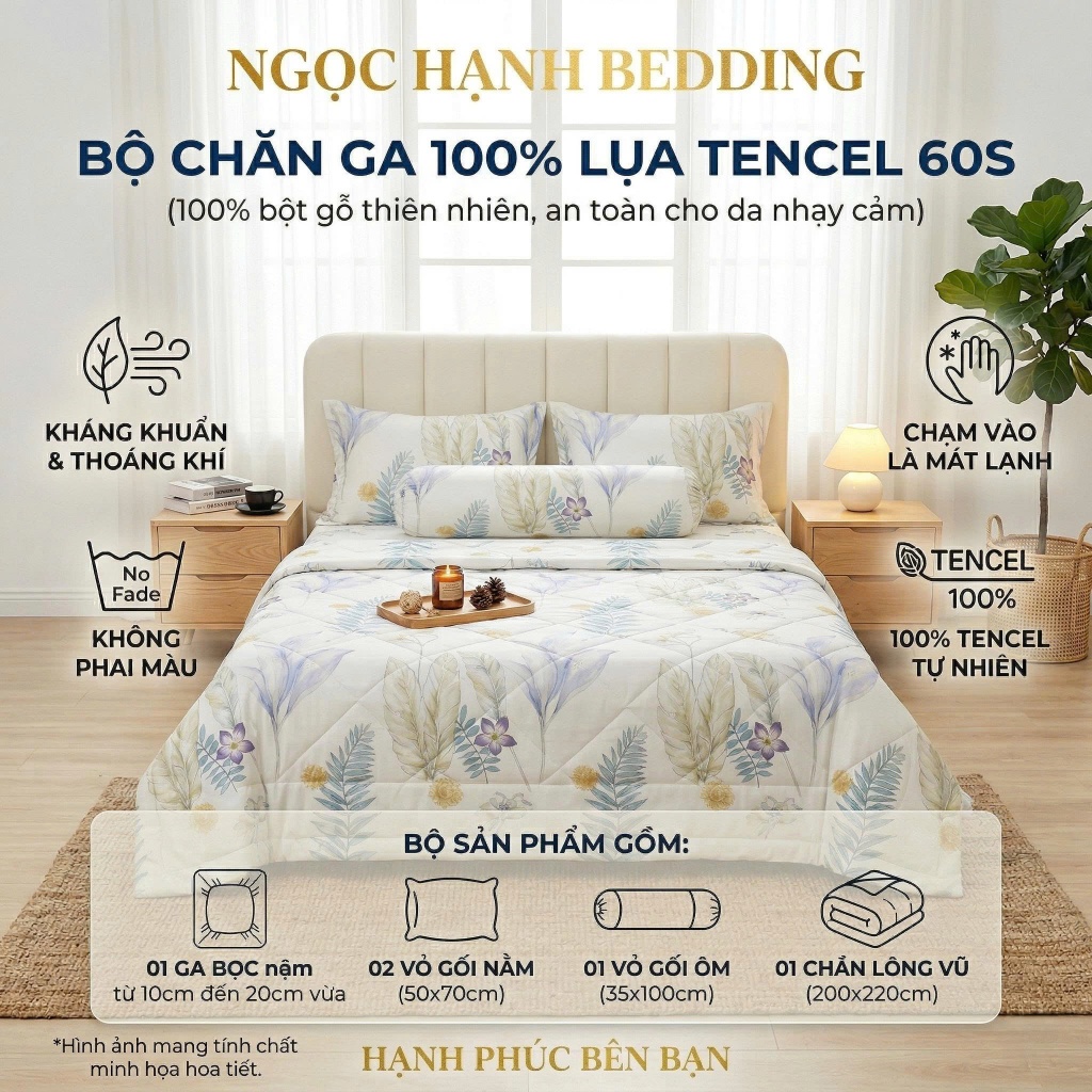 BỘ GA LỤA TENCEL 60s MÁT LẠNH, MỀM MỊN, THOÁNG KHÍ, Size 2m*2m2 nệm 10cm đến 20cm - Ngọc Hạnh Bedding BST2