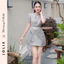 Váy trắng tay bồng cổ nơ đính hoa eo dáng ngắn sang trọng Jolie