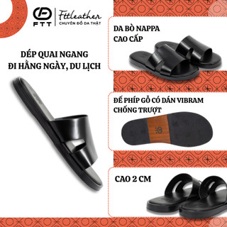 Dép da nam quai ngang Fttleather, dép da nam mang hằng ngày êm chân đế phíp gỗ chống trượt D011
