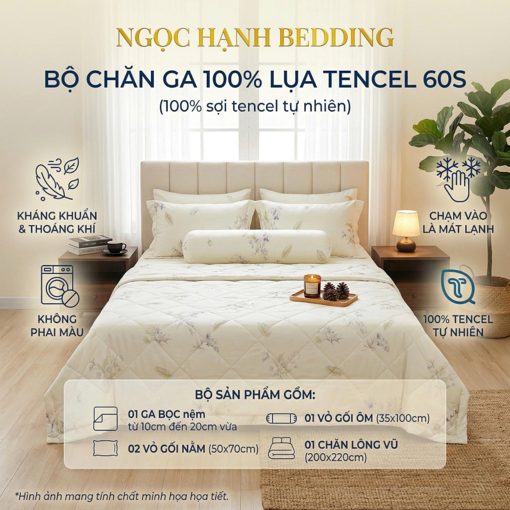 BST2 - BỘ GA LỤA TENCEL 60s MÁT LẠNH, MỀM MỊN, THOÁNG KHÍ nệm 10cm đến 20cm - Ngọc Hạnh Bedding