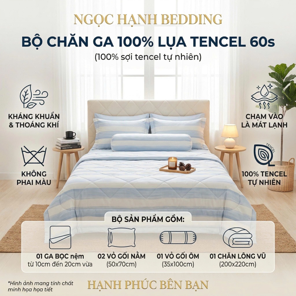 BST2 - BỘ GA LỤA TENCEL 60s MÁT LẠNH, MỀM MỊN, THOÁNG KHÍ nệm 10cm đến 20cm - Ngọc Hạnh Bedding