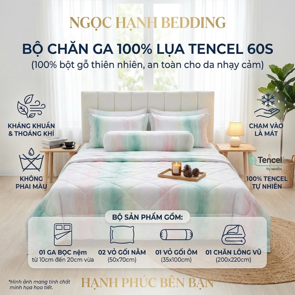 BỘ GA LỤA TENCEL 60s MÁT LẠNH, MỀM MỊN, THOÁNG KHÍ, Size 2m*2m2 nệm 10cm đến 20cm - Ngọc Hạnh Bedding BST2