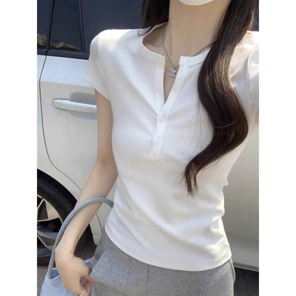 [CÓ SIZE] Áo Thun Nữ Cổ Tròn Tay Ngắn Basic Phối Nút Cài RANSHI Ôm Body Chất Thun Cotton Mềm Mịn - RA360