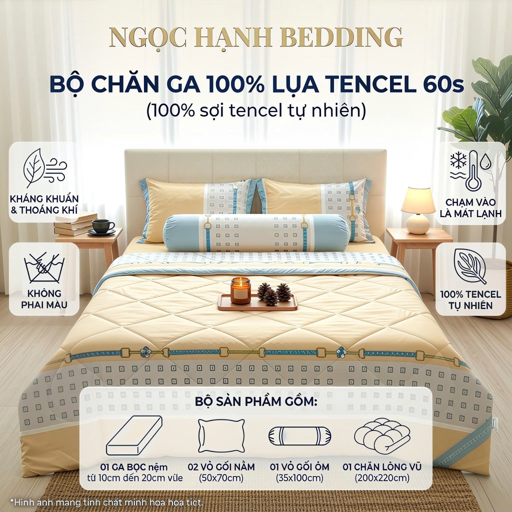 BST1 - BỘ GA LỤA TENCEL 60s MÁT LẠNH, MỀM MỊN, THOÁNG KHÍ nệm 10cm đến 20cm - Ngọc Hạnh Bedding