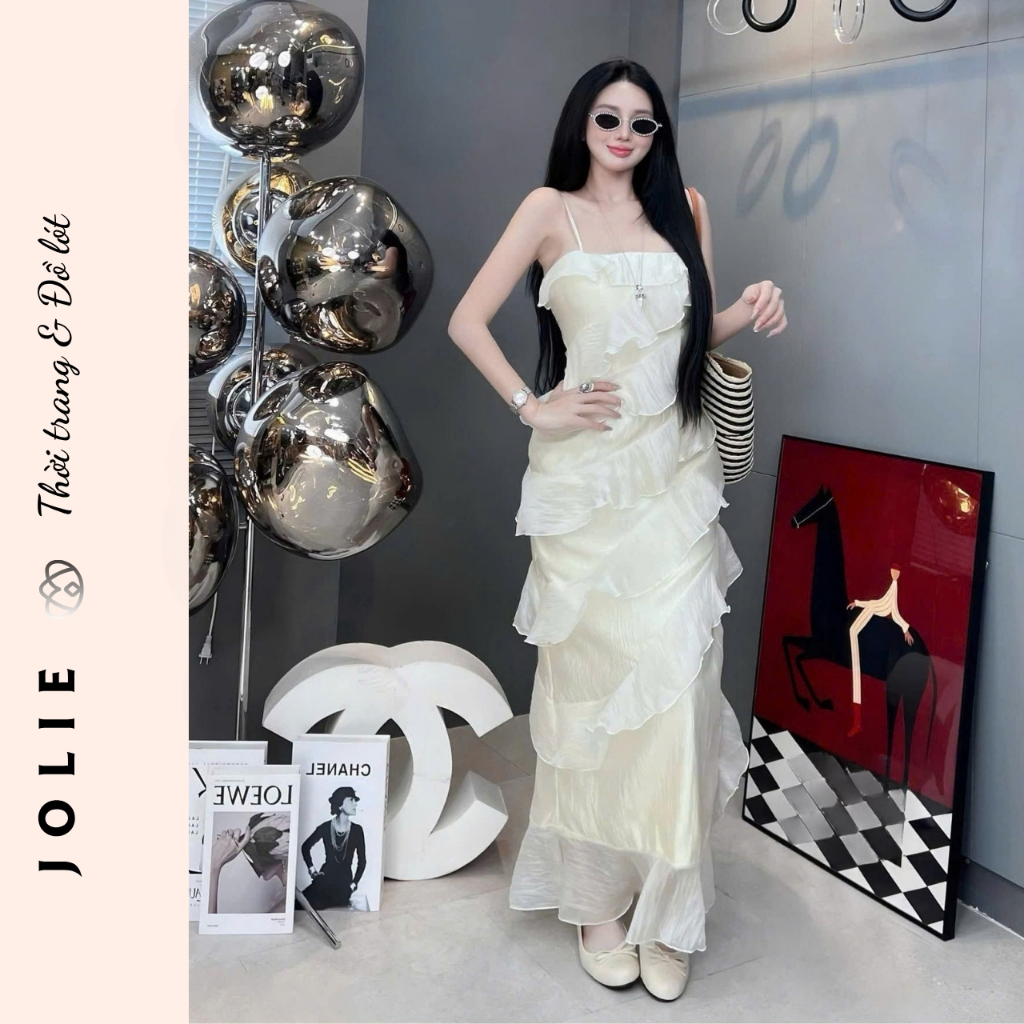 Váy hai dây hồng pastel dáng dài xếp ly bèo nhún tầng cực xinh Jolie