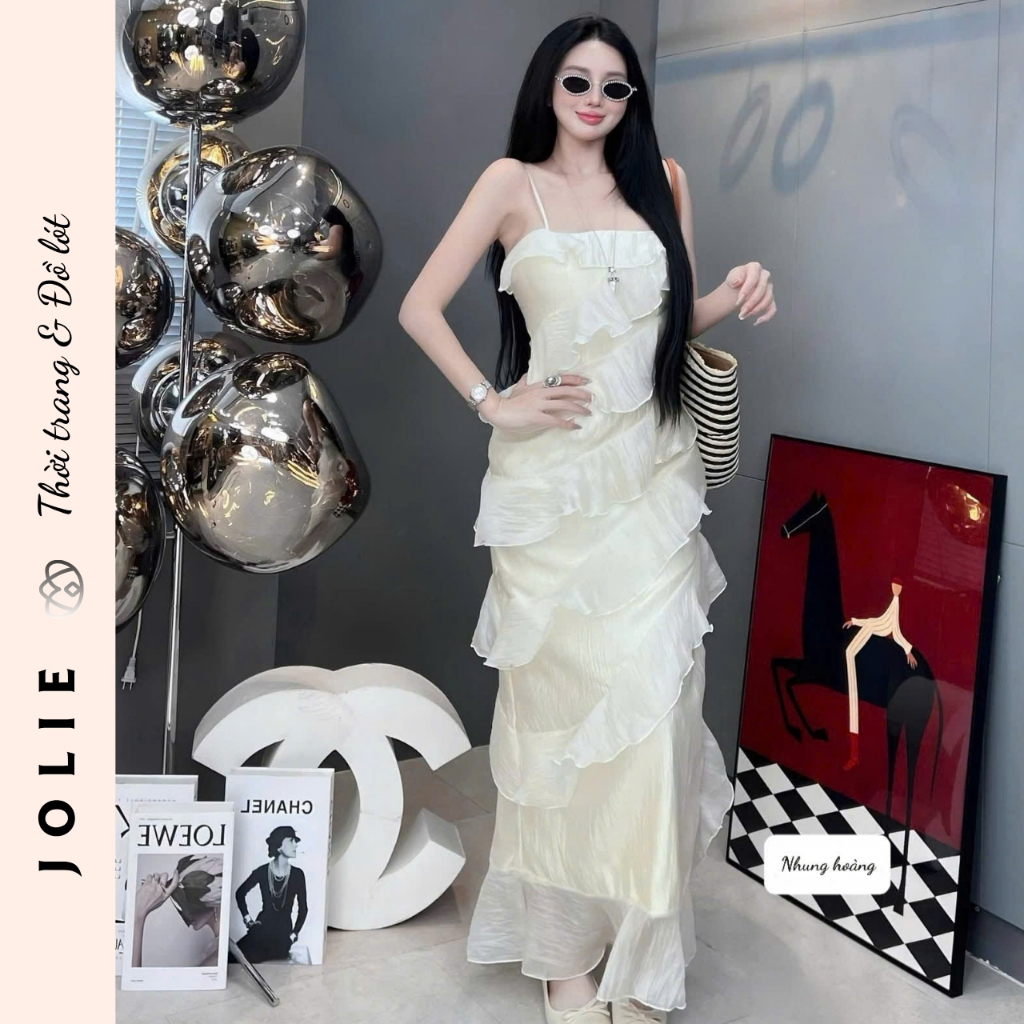Váy hai dây hồng pastel dáng dài xếp ly bèo nhún tầng cực xinh Jolie