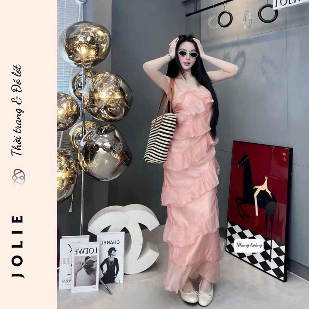 Váy hai dây hồng pastel dáng dài xếp ly bèo nhún tầng cực xinh Jolie