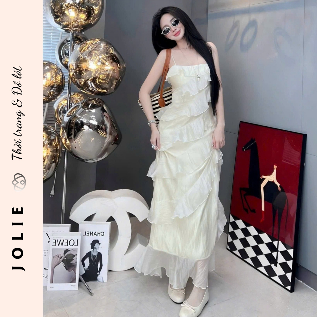 Váy hai dây hồng pastel dáng dài xếp ly bèo nhún tầng cực xinh Jolie