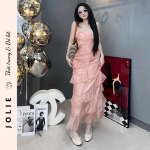 Váy hai dây hồng pastel dáng dài xếp ly bèo nhún tầng cực xinh Jolie