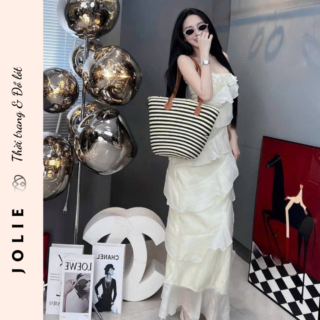Váy hai dây hồng pastel dáng dài xếp ly bèo nhún tầng cực xinh Jolie