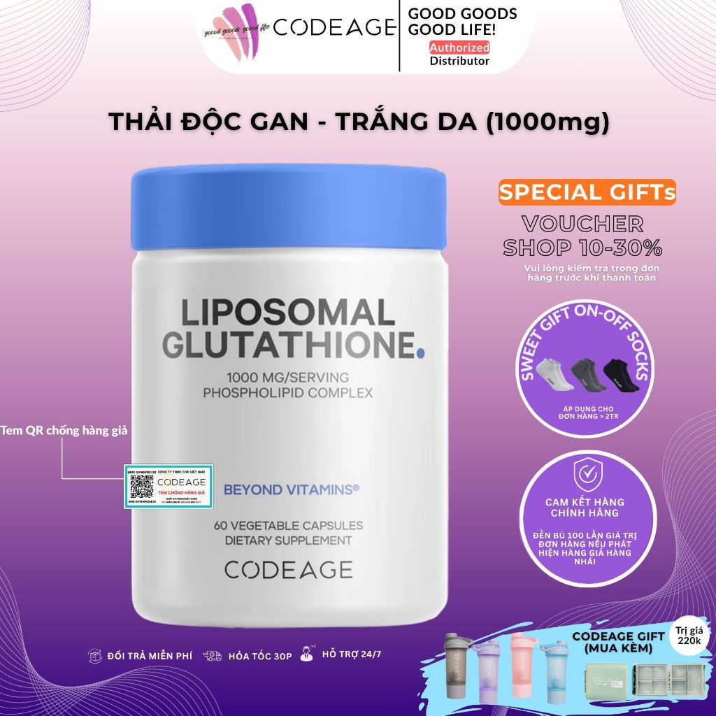glutathione 1000mg của mỹ GLU 1000] Thực Phẩm Bảo Vệ Sức Khỏe Codeage Liposomal Glutathione 1000mg/Serving  60 Viên sản xuất tại Mỹ