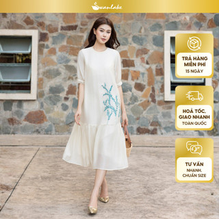 SWANLAKE | Váy Đầm Nữ Suông Hai Lớp Cổ Tròn Tay Lỡ Chất Tơ Hàn Thêu Hoa Du Lịch Dạo Phố D13548