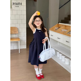 [B&G] Đầm váy coton trắng xanh than sát nách maxi mùa hè cho bé gái từ 10-45kg