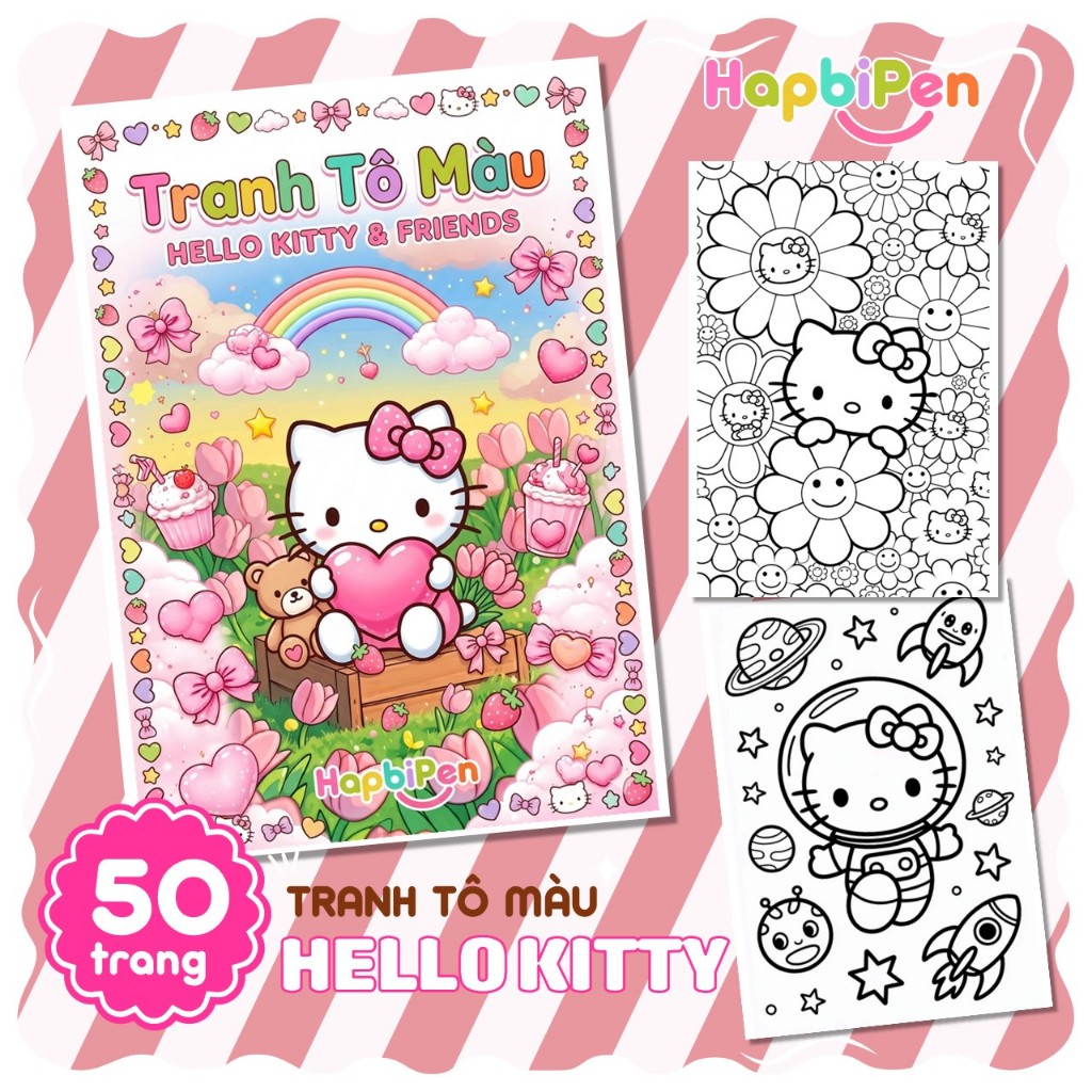 Bộ 50 tranh tô màu Hello Kitty cho bé gái với nhiều chủ đề khác nhau, tranh vẽ tờ rời A4 A5 TTM005