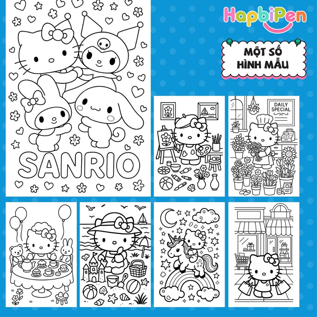 Bộ 50 tranh tô màu Hello Kitty cho bé gái với nhiều chủ đề khác nhau, tranh vẽ tờ rời A4 A5 TTM005