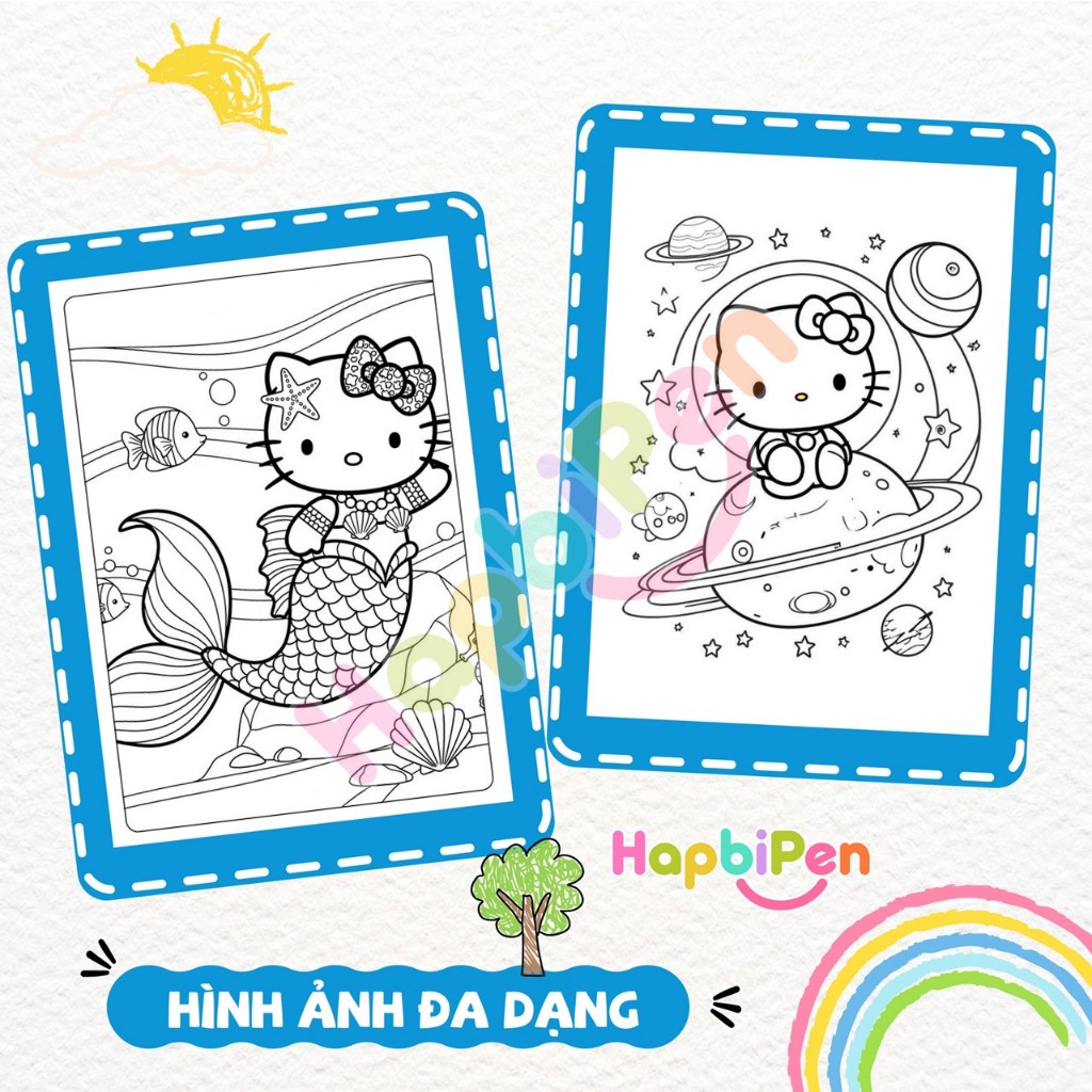 Bộ 50 tranh tô màu Hello Kitty cho bé gái với nhiều chủ đề khác nhau, tranh vẽ tờ rời A4 A5 TTM005