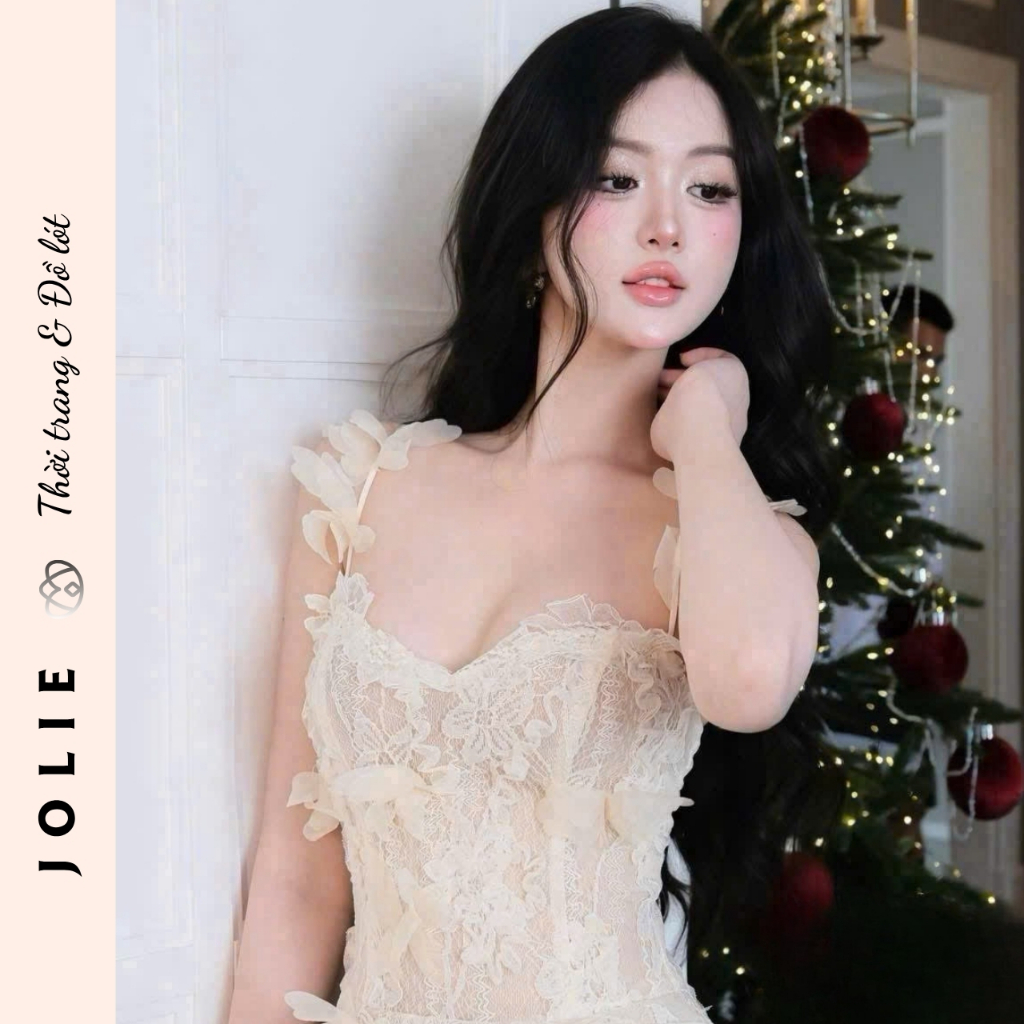 Váy hai dây ren hoa nổi dáng xòe ngắn sang trọng phong cách tiểu thư Jolie