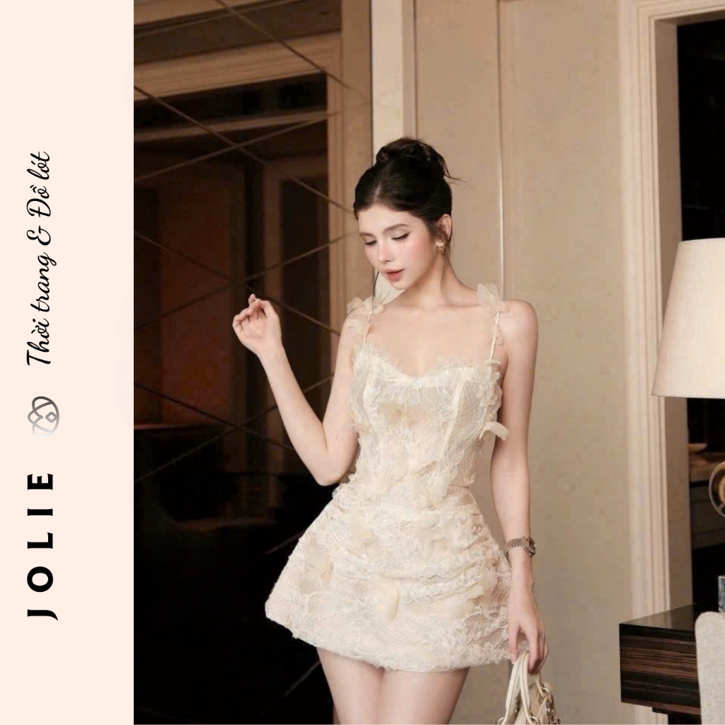 Váy hai dây ren hoa nổi dáng xòe ngắn sang trọng phong cách tiểu thư Jolie