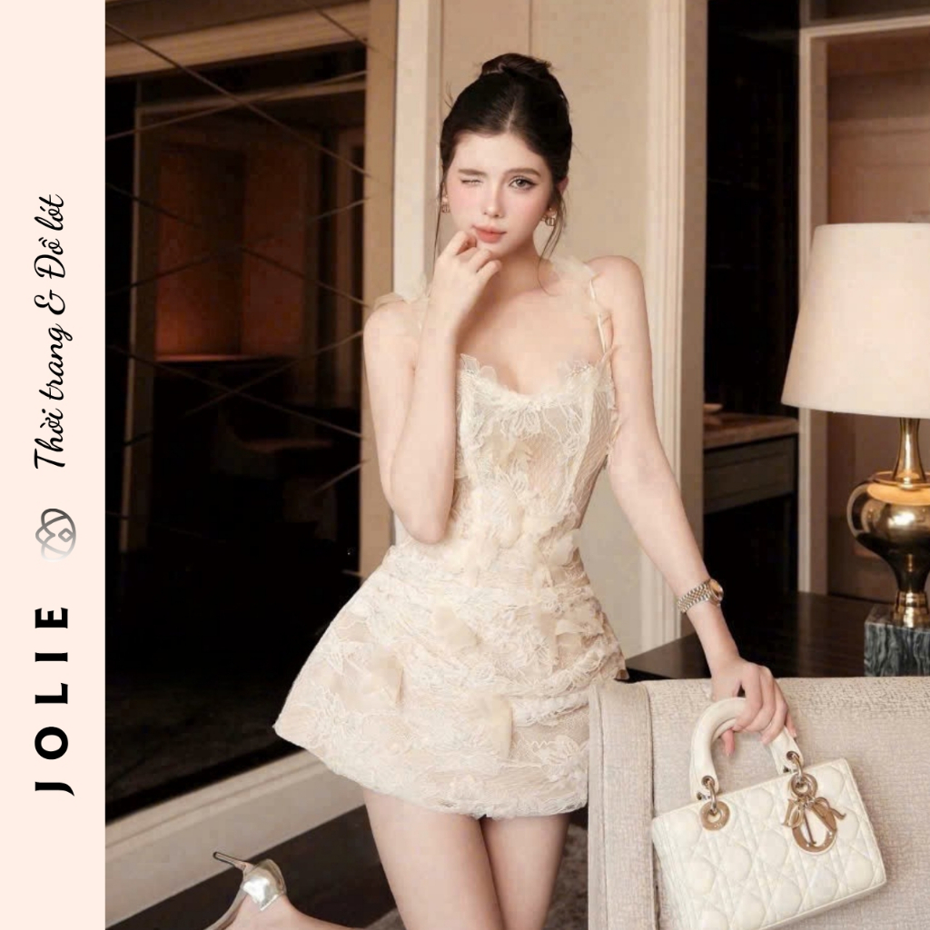 Váy hai dây ren hoa nổi dáng xòe ngắn sang trọng phong cách tiểu thư Jolie