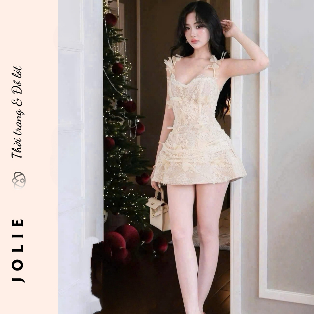 Váy hai dây ren hoa nổi dáng xòe ngắn sang trọng phong cách tiểu thư Jolie
