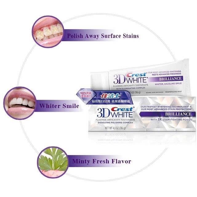 Kem đánh răng Crest 3D White Brilliance (Bản Trung) tẩy trắng răng, đánh bay vết ố bẩn, hương bạc hà thơm mát, bản Trung