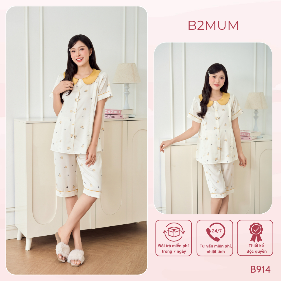 Bộ Pijama Bầu Dáng Suông Quần Ngố, Khóa Kéo Mở Ngực Tiện Lợi, Quần Có Chun Chỉnh – Mặc Thoải Mái Breen Set	 B914 B2MUM