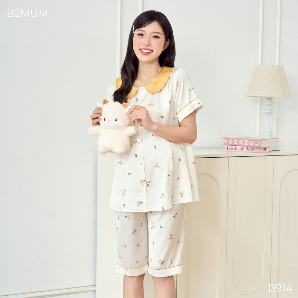 Bộ Pijama Bầu Dáng Suông Quần Ngố, Khóa Kéo Mở Ngực Tiện Lợi, Quần Có Chun Chỉnh – Mặc Thoải Mái Breen Set	 B914 B2MUM