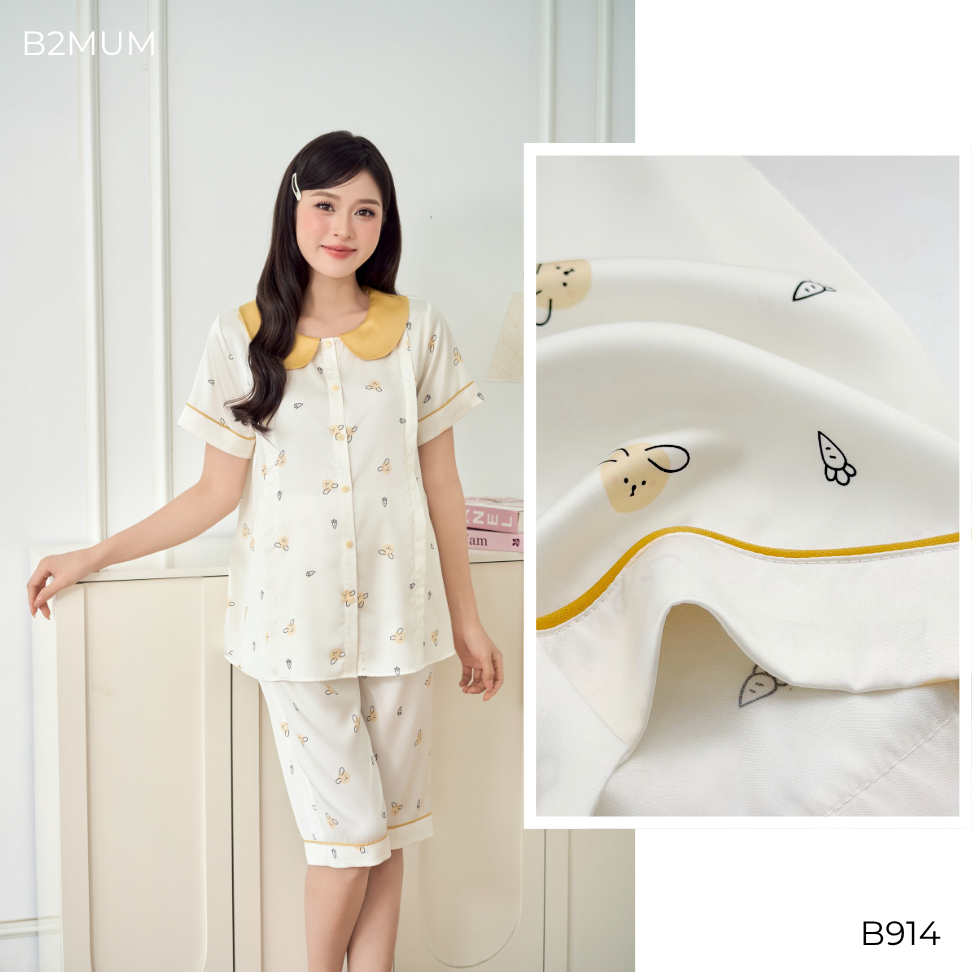 Bộ Pijama Bầu Dáng Suông Quần Ngố, Khóa Kéo Mở Ngực Tiện Lợi, Quần Có Chun Chỉnh – Mặc Thoải Mái Breen Set	 B914 B2MUM