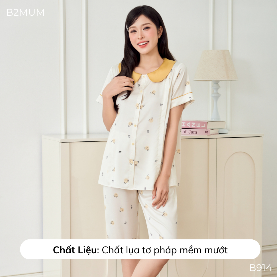 Bộ Pijama Bầu Dáng Suông Quần Ngố, Khóa Kéo Mở Ngực Tiện Lợi, Quần Có Chun Chỉnh – Mặc Thoải Mái Breen Set	 B914 B2MUM