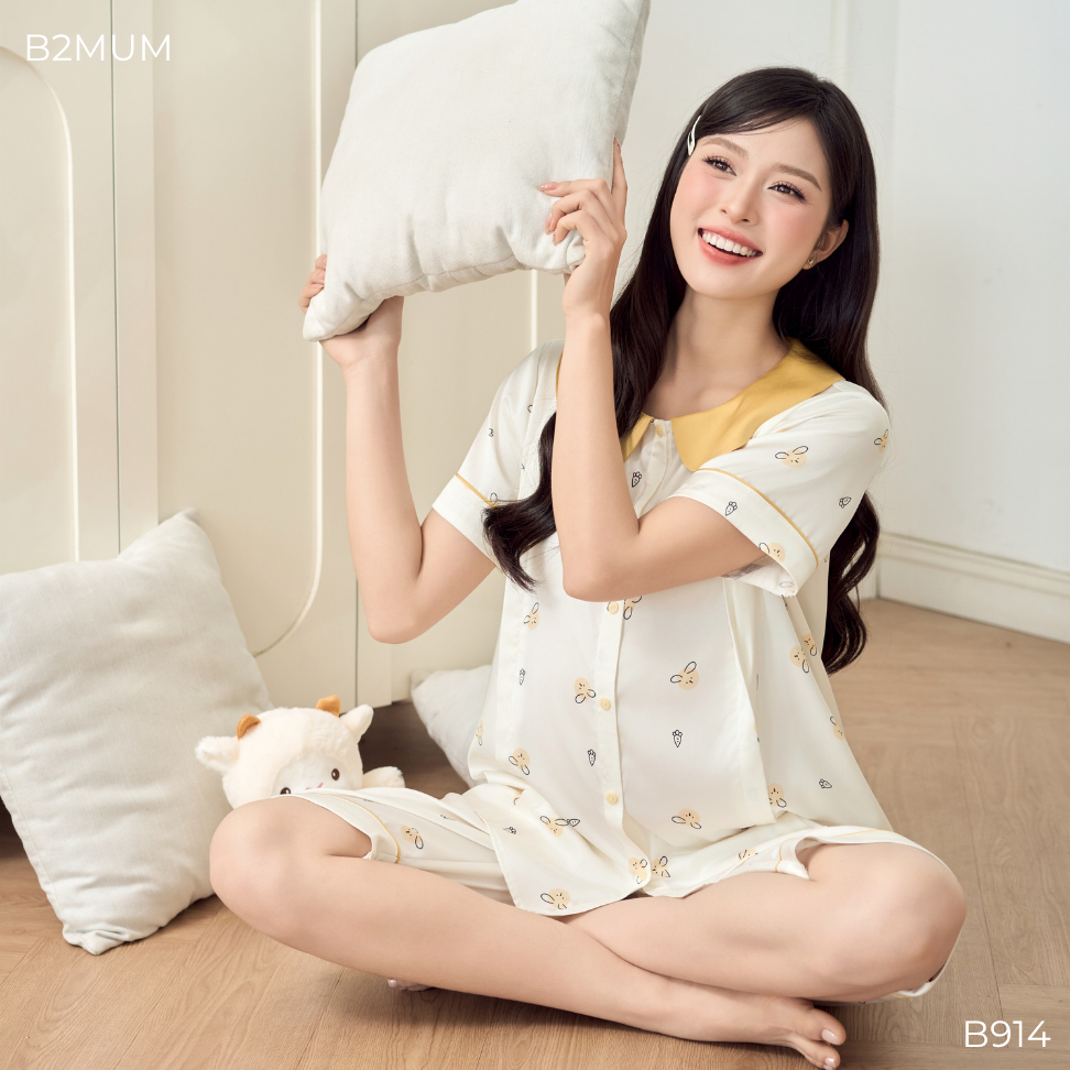 Bộ Pijama Bầu Dáng Suông Quần Ngố, Khóa Kéo Mở Ngực Tiện Lợi, Quần Có Chun Chỉnh – Mặc Thoải Mái Breen Set	 B914 B2MUM