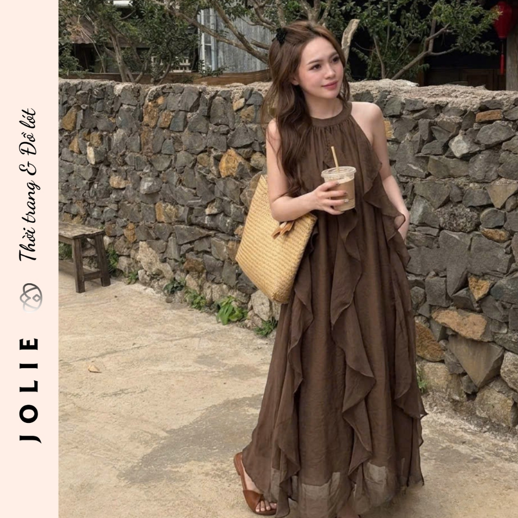 Váy maxi cổ yếm dáng dài bèo nhún tơ mềm mại sang chảnh Jolie