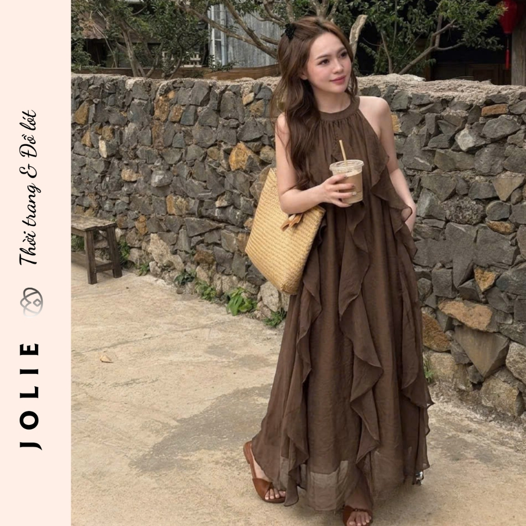 Váy maxi cổ yếm dáng dài bèo nhún tơ mềm mại sang chảnh Jolie