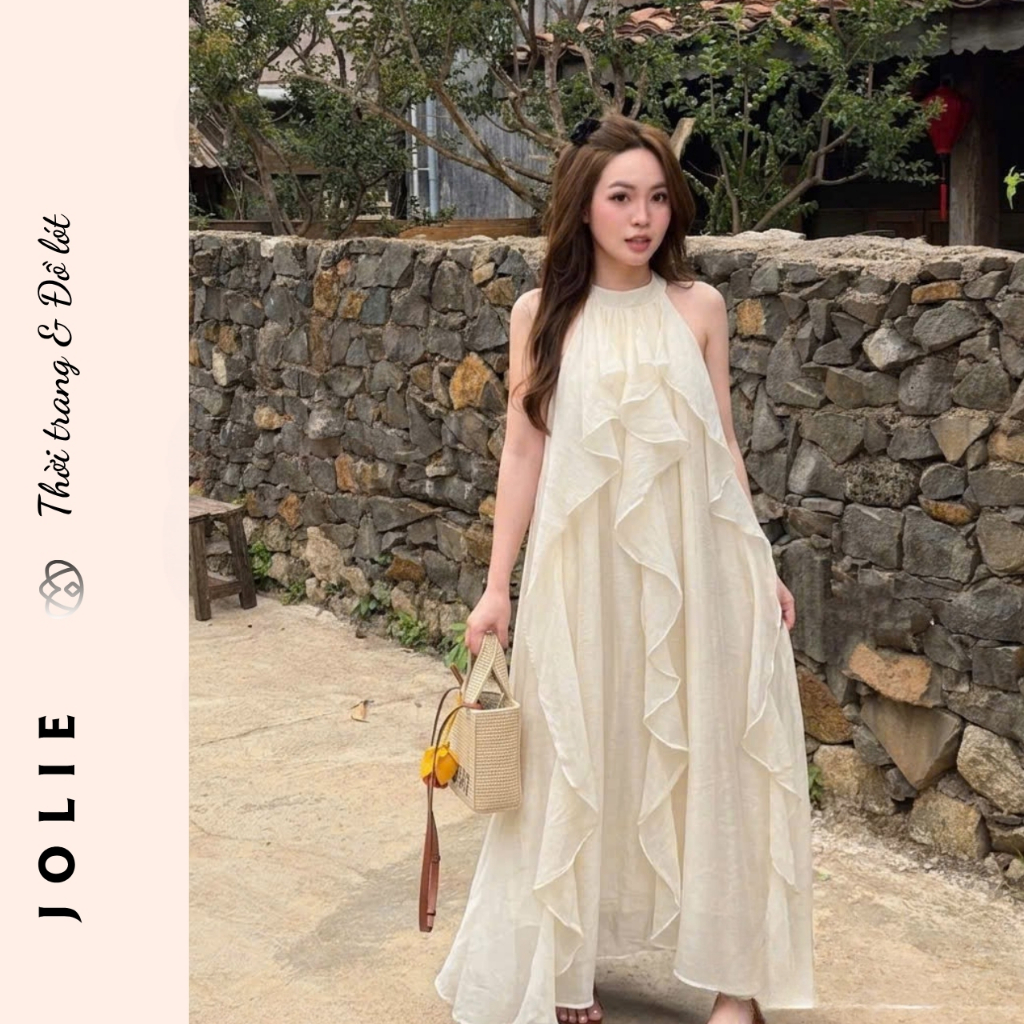 Váy maxi cổ yếm dáng dài bèo nhún tơ mềm mại sang chảnh Jolie