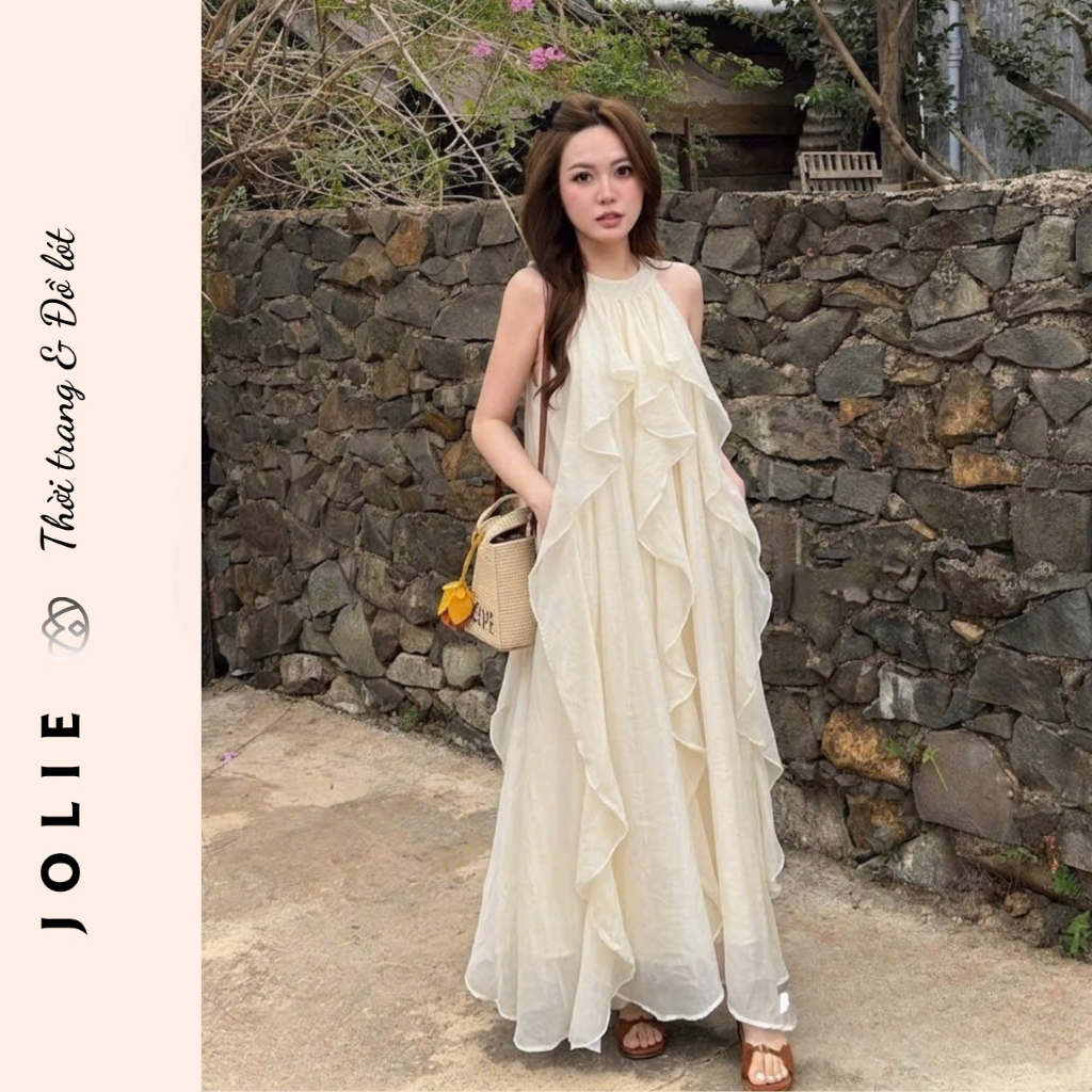 Váy maxi cổ yếm dáng dài bèo nhún tơ mềm mại sang chảnh Jolie
