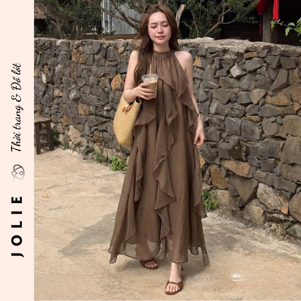 Váy maxi cổ yếm dáng dài bèo nhún tơ mềm mại sang chảnh Jolie