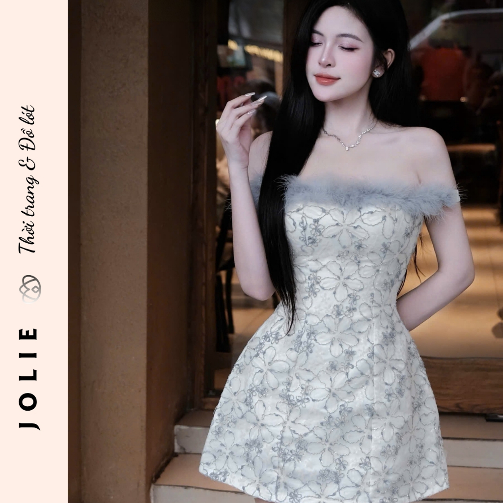 Váy trễ vai phối lông vũ thêu hoa nổi dáng xòe tiểu thư sang trọng Jolie