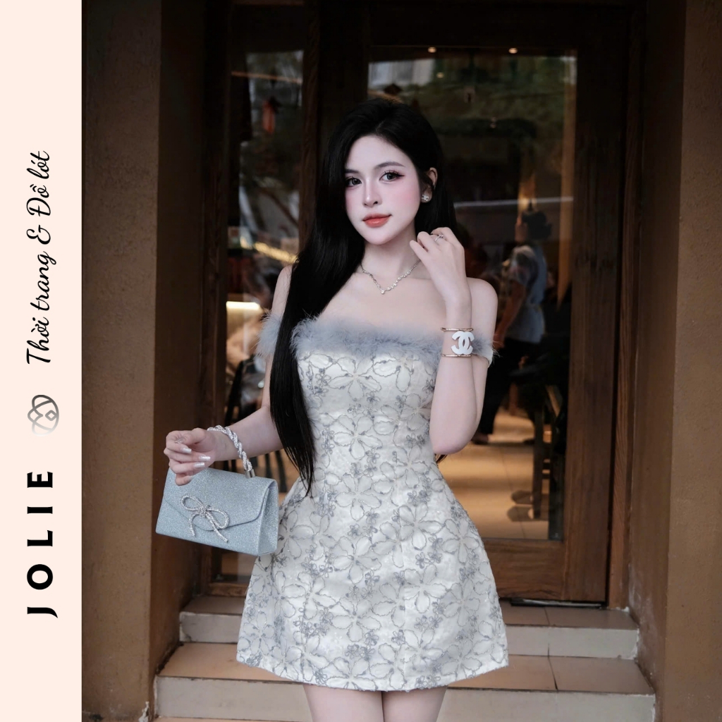 Váy trễ vai phối lông vũ thêu hoa nổi dáng xòe tiểu thư sang trọng Jolie
