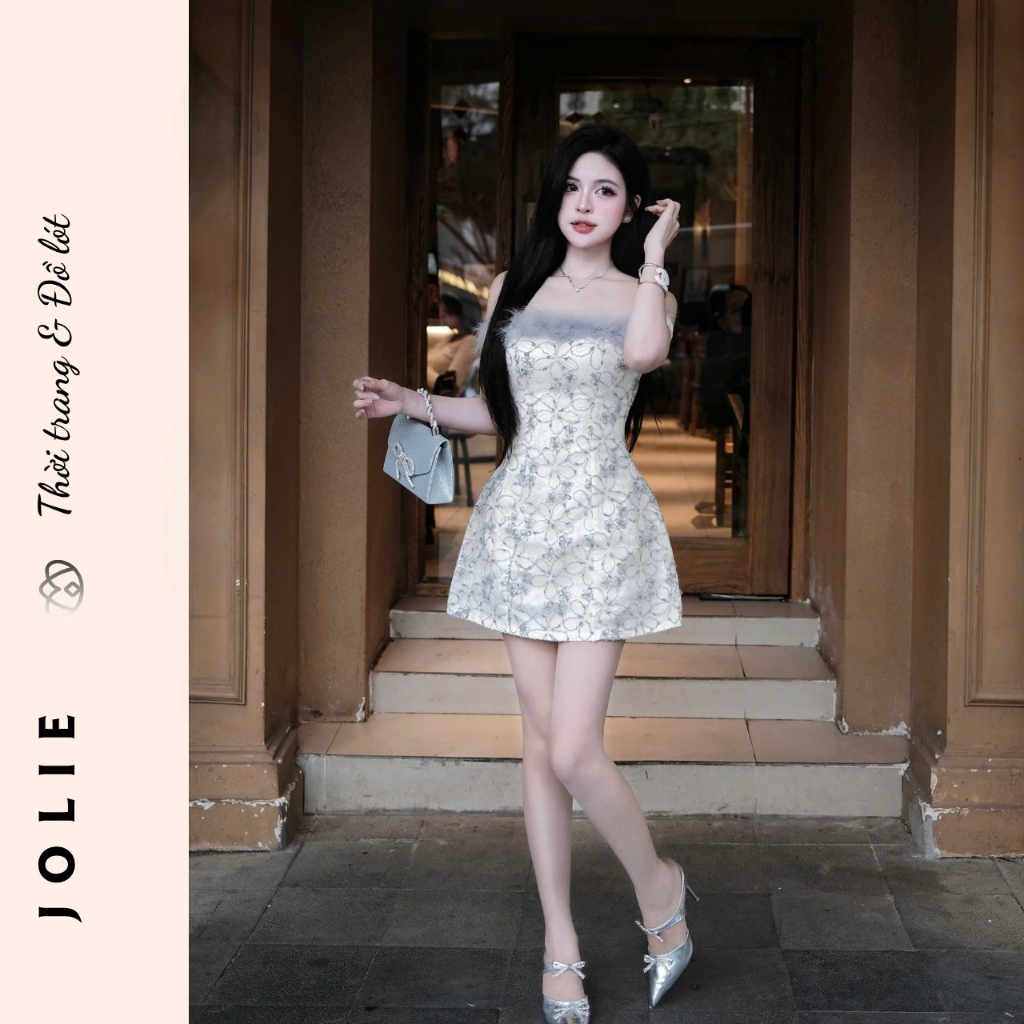 Váy trễ vai phối lông vũ thêu hoa nổi dáng xòe tiểu thư sang trọng Jolie