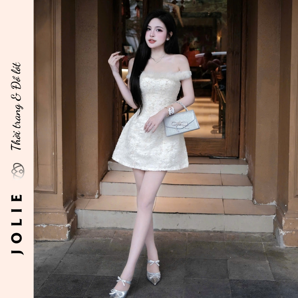 Váy trễ vai phối lông vũ thêu hoa nổi dáng xòe tiểu thư sang trọng Jolie