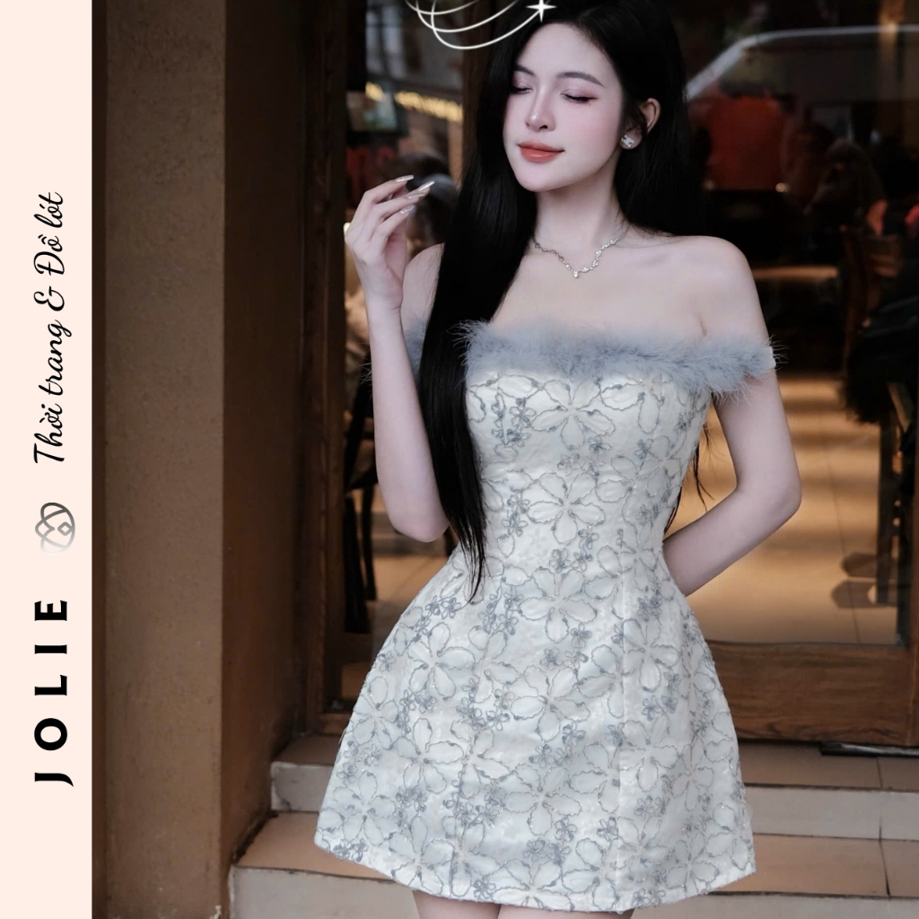 Váy trễ vai phối lông vũ thêu hoa nổi dáng xòe tiểu thư sang trọng Jolie