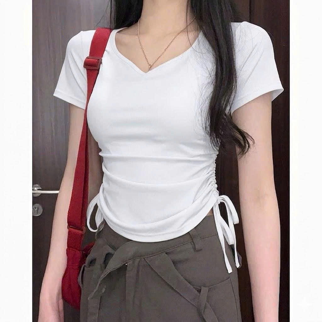 [CÓ SIZE] Áo Thun Cộc Tay Cổ Tim Dây Rút Eo RANSHI Áo Crt Dễ Mặc Dễ Phối Chất Thun Cotton Mềm Mịn - RA320