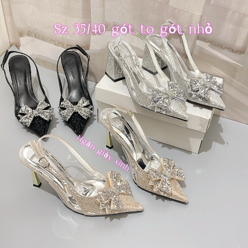 Giày Cao Gót Nữ Đi Tiệc Bling Bling Phối Mica Nơ Cánh Tiên 5-7cm Tôn Dáng Mềm Êm