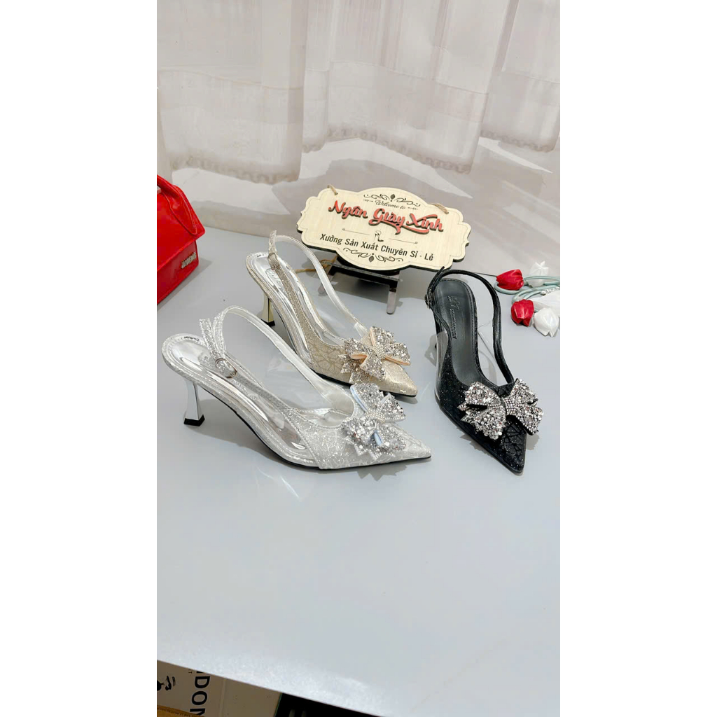 Giày Cao Gót Nữ Đi Tiệc Bling Bling Phối Mica Nơ Cánh Tiên 5-7cm Tôn Dáng Mềm Êm