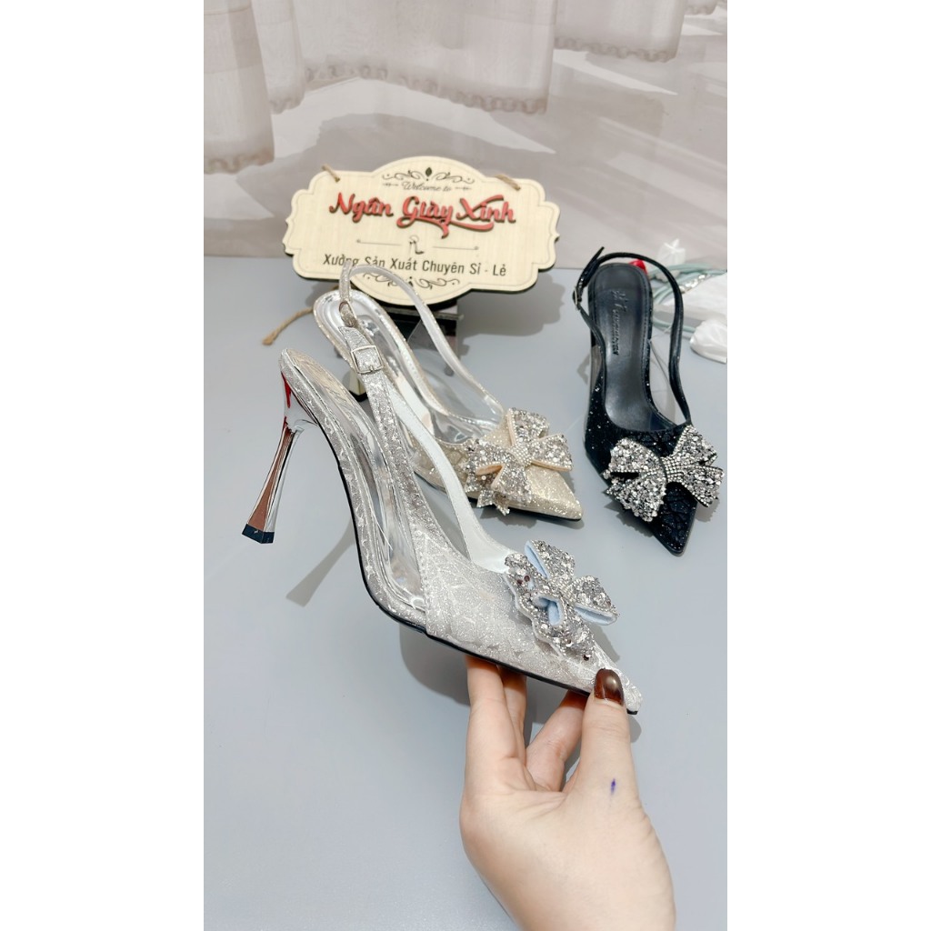 Giày Cao Gót Nữ Đi Tiệc Bling Bling Phối Mica Nơ Cánh Tiên 5-7cm Tôn Dáng Mềm Êm