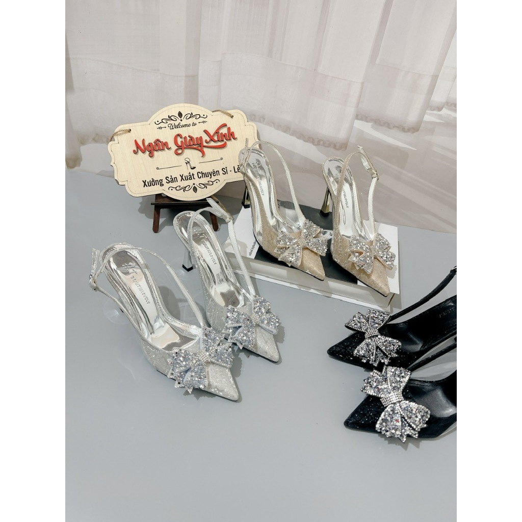Giày Cao Gót Nữ Đi Tiệc Bling Bling Phối Mica Nơ Cánh Tiên 5-7cm Tôn Dáng Mềm Êm