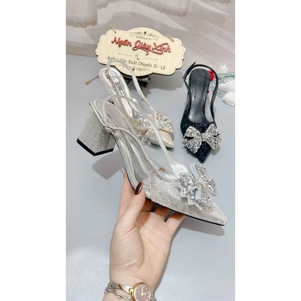 Giày Cao Gót Nữ Đi Tiệc Bling Bling Phối Mica Nơ Cánh Tiên 5-7cm Tôn Dáng Mềm Êm
